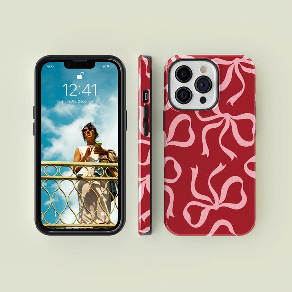 CASE-FACE | Pink Bows on Red MagSafe iPhoneケース (iPhone 16/16 pro/16 pro max/15) アイフォン