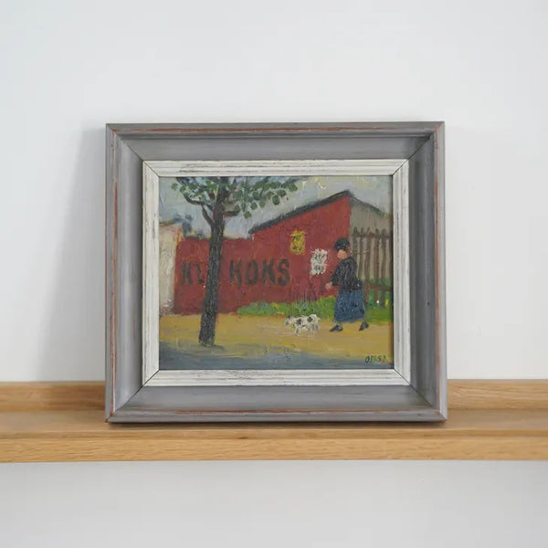 OTTO DELEURAN (オットー・デルーラン) | Woman Walking Her Dog | Oil painting 油絵 北欧 デンマーク ミッドセンチュリー MDC