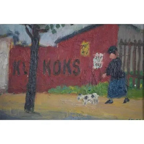 OTTO DELEURAN (オットー・デルーラン) | Woman Walking Her Dog | Oil painting 油絵 北欧 デンマーク ミッドセンチュリー MDC