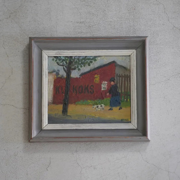 OTTO DELEURAN (オットー・デルーラン) | Woman Walking Her Dog | Oil painting 油絵 北欧 デンマーク ミッドセンチュリー MDC